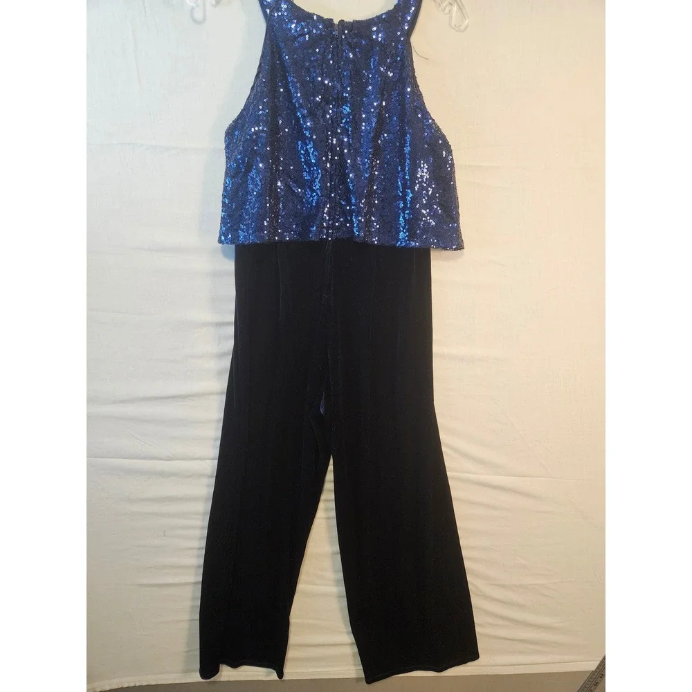 Knit Works Girls Blue Sequin Black Velvet Wide Leg Jumpsuit Size 14 7974273